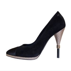 !SOLD! Chanel CC Logo Black Suede Gold Heel Pumps Cap Toe Heels G32233 EU 39